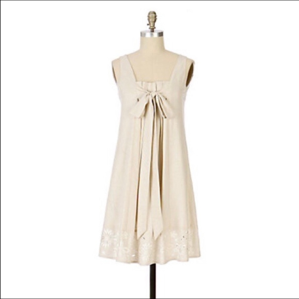 Anthropologie Ranna Gill Dress Ice Memory Embroidered Linen-Blend Beige Size S